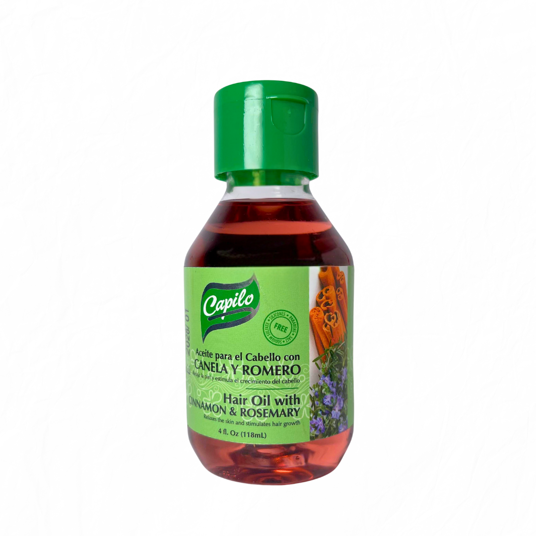 Capilo Cinnamon and Rosemary Oil 4 oz. (Front View) – Bottle of Capilo Cinnamon and Rosemary Oil for hair growth, scalp circulation, and hair strengthening.