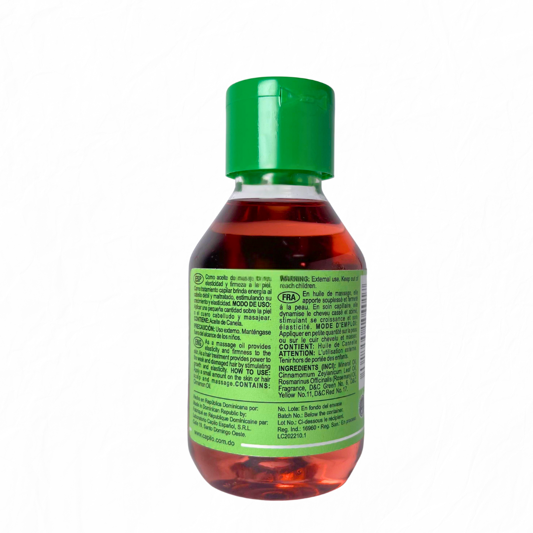 Capilo Cinnamon and Rosemary Oil 4 oz. (Back View) – Product label displaying ingredients and benefits of Capilo Cinnamon and Rosemary Oil for hair and scalp health.
