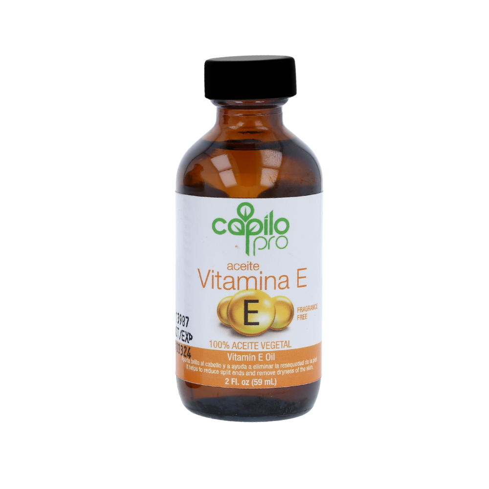 Capilo Pro Vitamin E Oil 2 oz – Moisturizing oil that reduces dryness, adds shine, and strengthens hair while nourishing skin for a healthy glow.