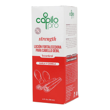 Capilo Pro B Control Strengthening Lotion Box 4 oz. – Packaging of Capilo Pro B Control Strengthening Lotion featuring key benefits for fine and weak hair.