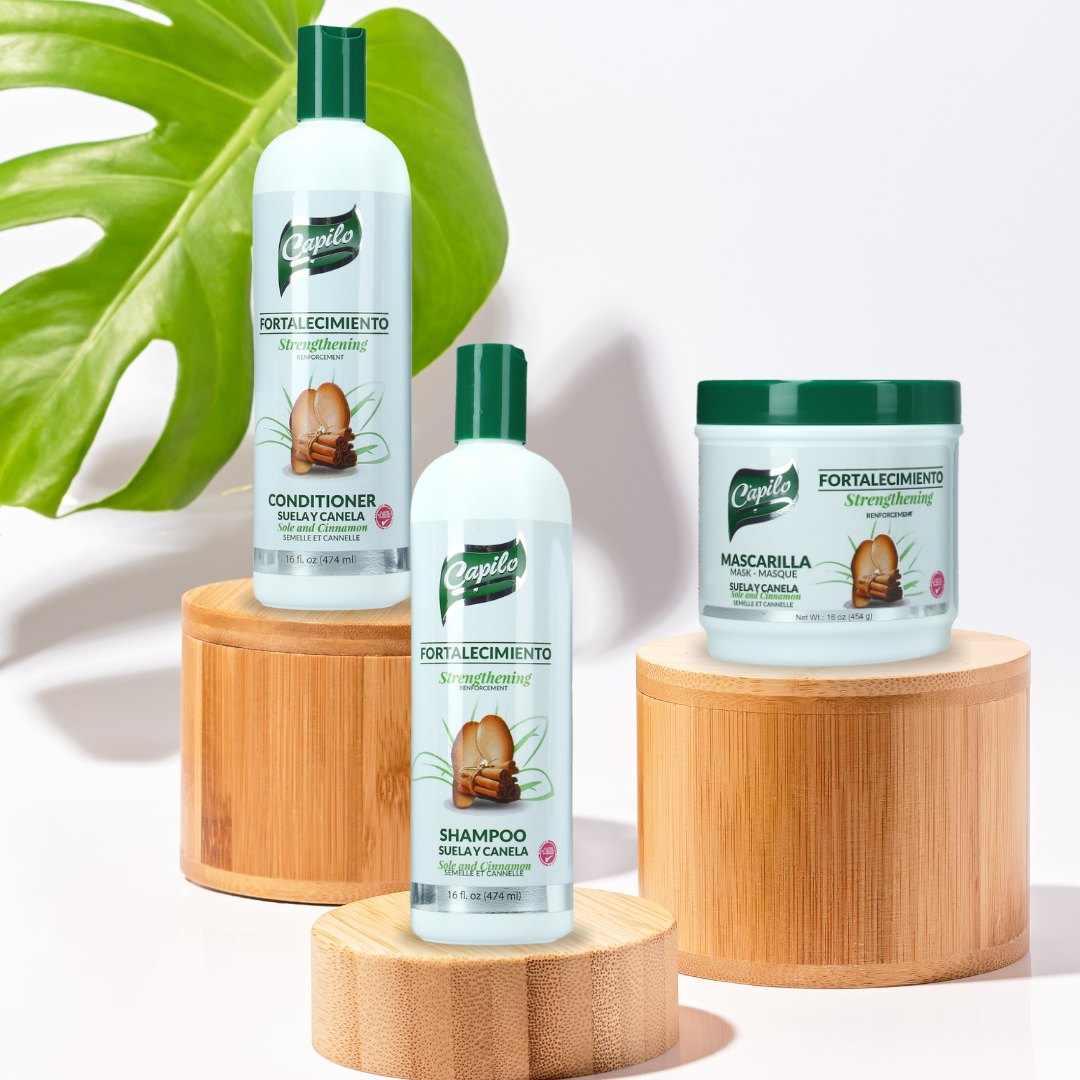 Capilo Sole and Cinnamon Hair Thickener – Mineral oil-free hair care trio designed to strengthen strands, prevent breakage, and promote scalp health.