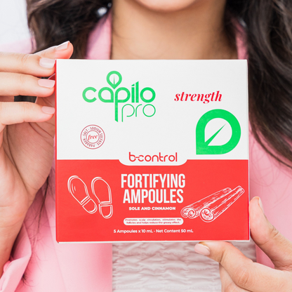 Capilo Pro B Control Ampoules – Strengthening treatment for fine, weak hair with sole extract and cinnamon. Boosts scalp circulation and promotes hair growth.