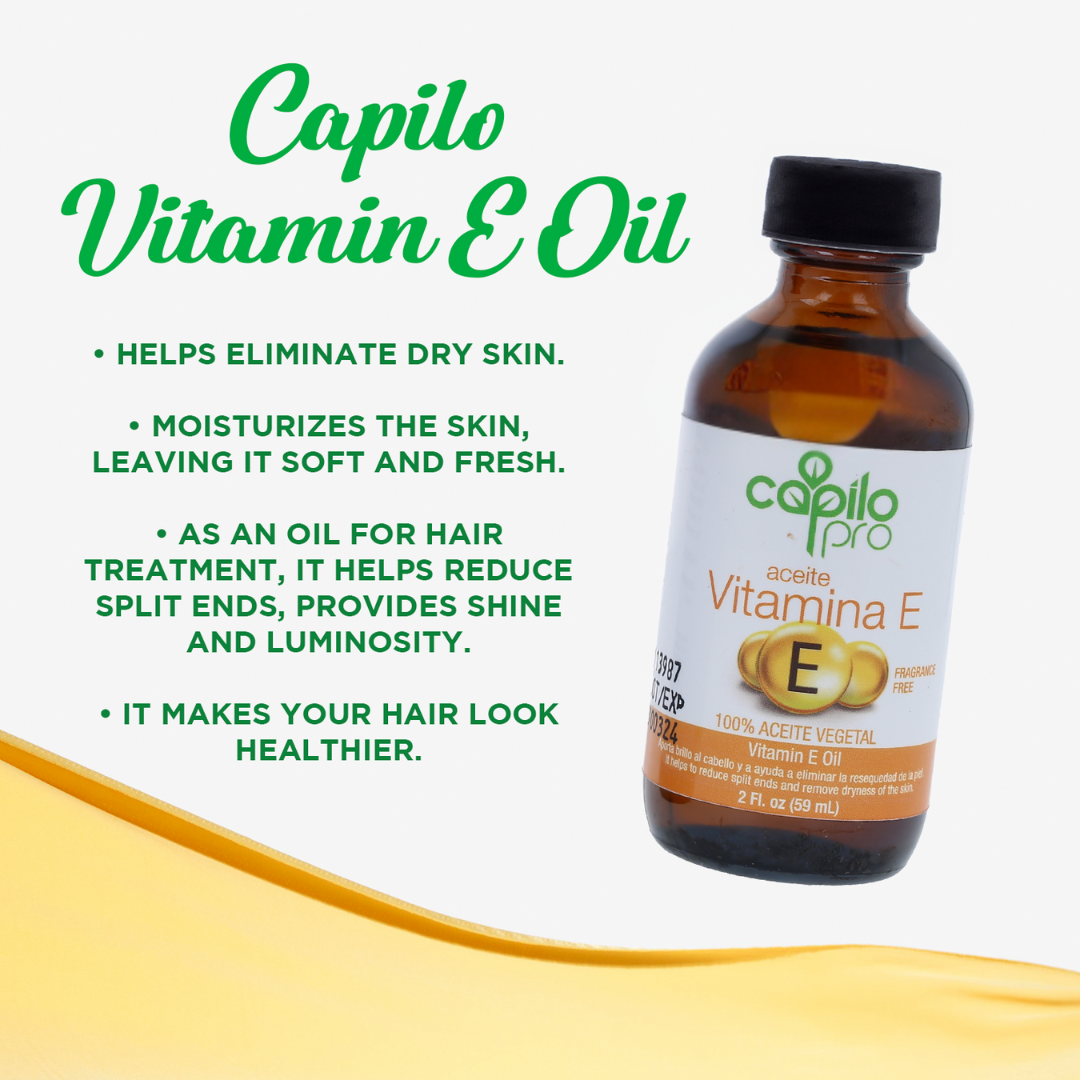 Capilo Vitamin E Hair & Skin Oil – Deep conditioning treatment that rejuvenates dry skin, repairs hair, and restores softness with natural ingredients.