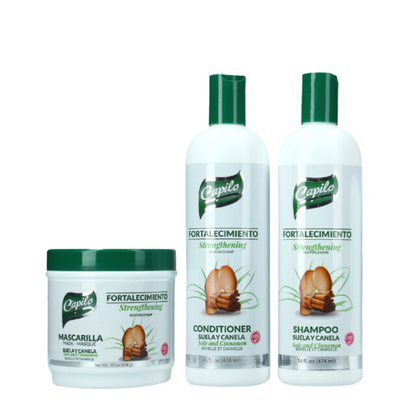Capilo Sole and Cinnamon Strengthening Hair System – Complete set with shampoo, conditioner, and hair mask to nourish, thicken, and strengthen hair.