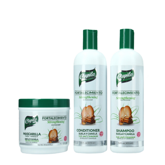 Capilo Sole and Cinnamon Strengthening Hair System – Complete set with shampoo, conditioner, and hair mask to nourish, thicken, and strengthen hair.