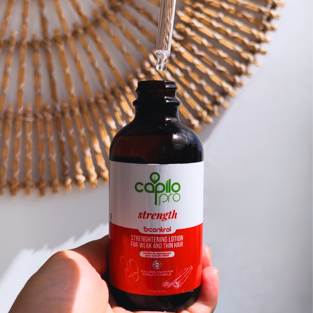Capilo Pro B Control Strengthening Lotion Dropper 4 oz. – Close-up of Capilo Pro B Control Strengthening Lotion dropper for precise scalp application & nourishment.