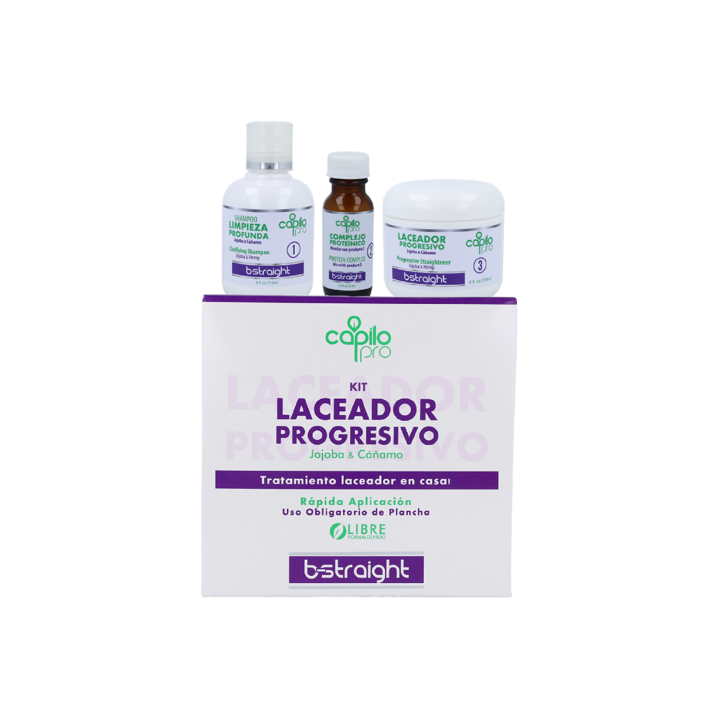 Capilo Pro B Straight Progressive Laceator Kit 4 oz. | Jojoba Oil and Hemp Oil | For frizzy hair | Without formaldehyde